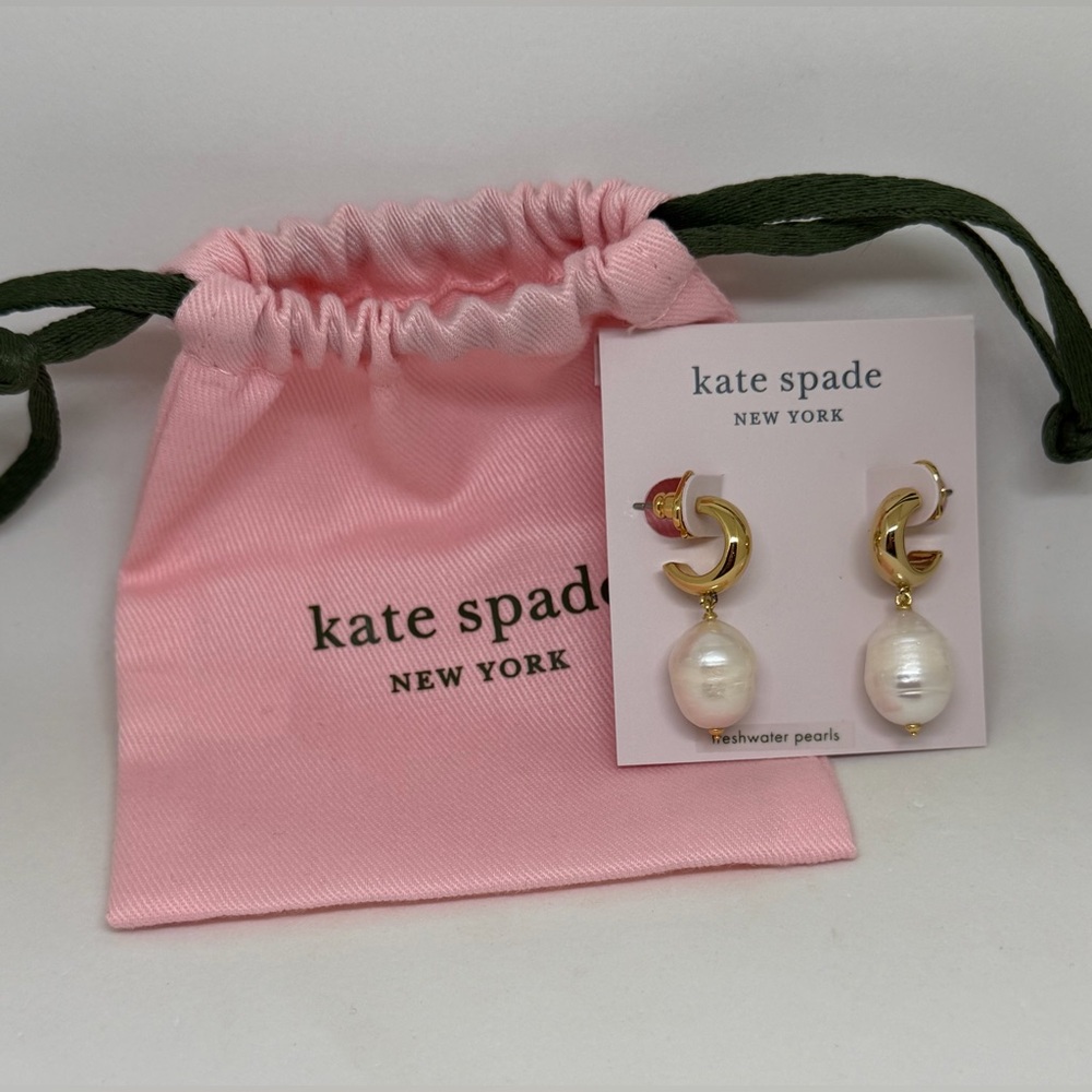 NEW Kate Spade Candy Drops Earrings Freshwater Pearl Drop Huggies Gold Dust Bag - Picture 2 of 5
